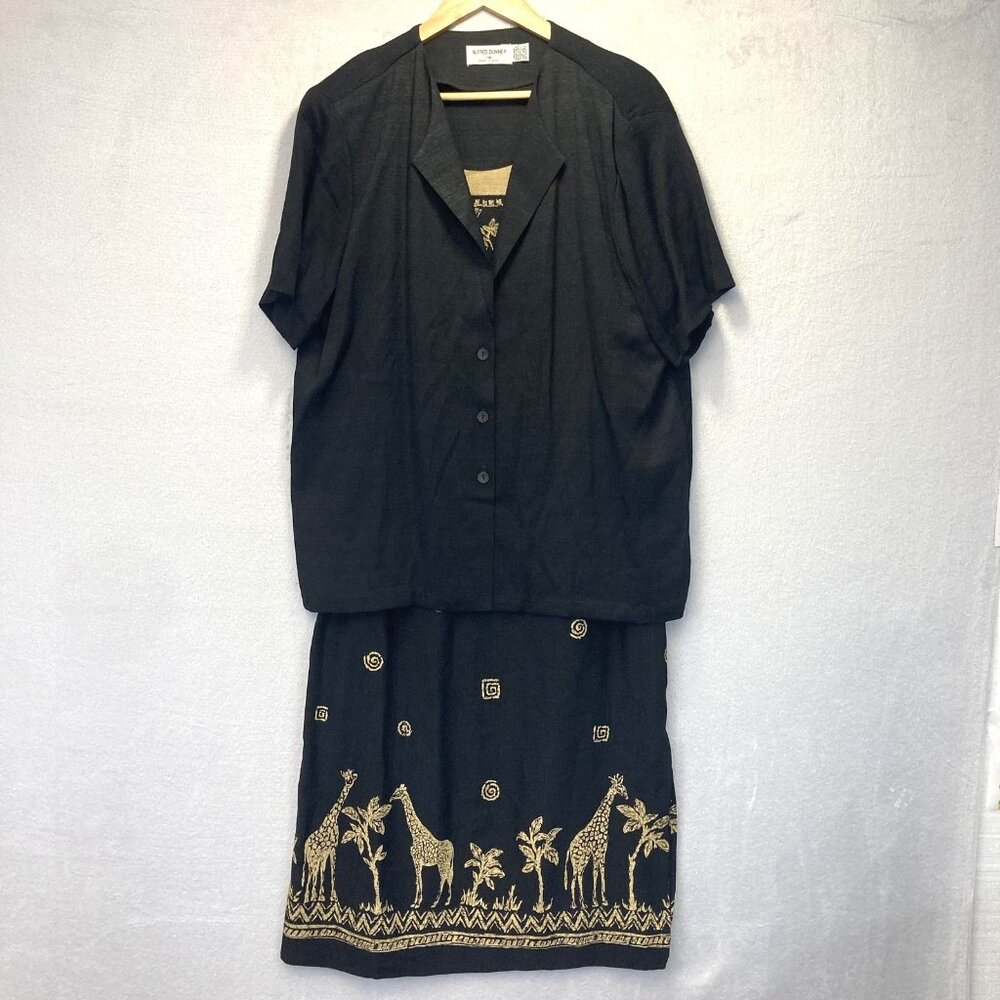Alfred Dunner 2 Pc Blouse Skirt Set Womens 16/18 Black Giraffe Print Maxi USA